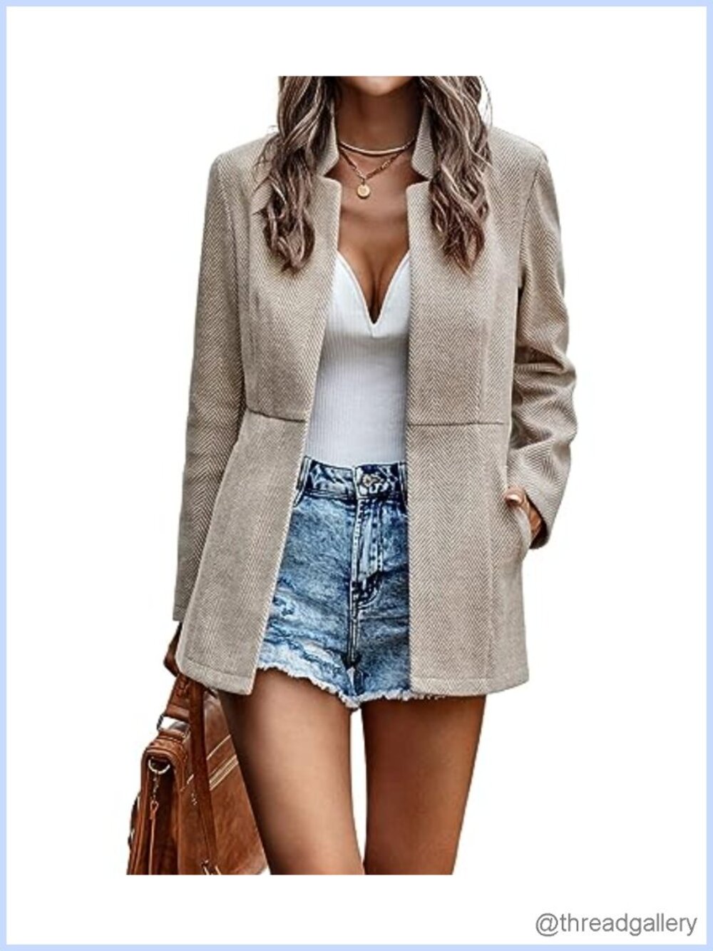 Women's Herringbone Open Front Notch Lapel Office Blazer